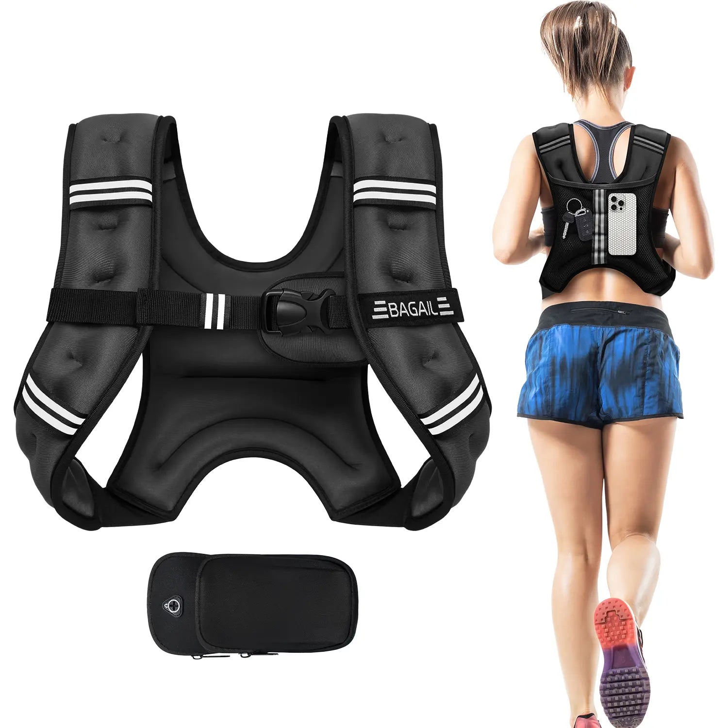 Transform Your Workouts with the Bagail Adjustable Weighted Vest - Detachable Phone Pouch & Customizable Weights from 5Lbs to 30Lbs for Rucking, Walking, Running, and Weight Loss